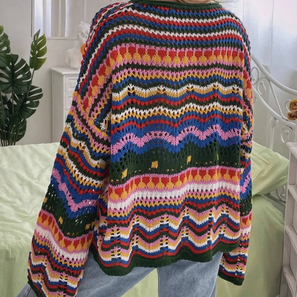 SheIn Chevron Pattern Open Knit Colorblock Sweater - Picture 4 of 7